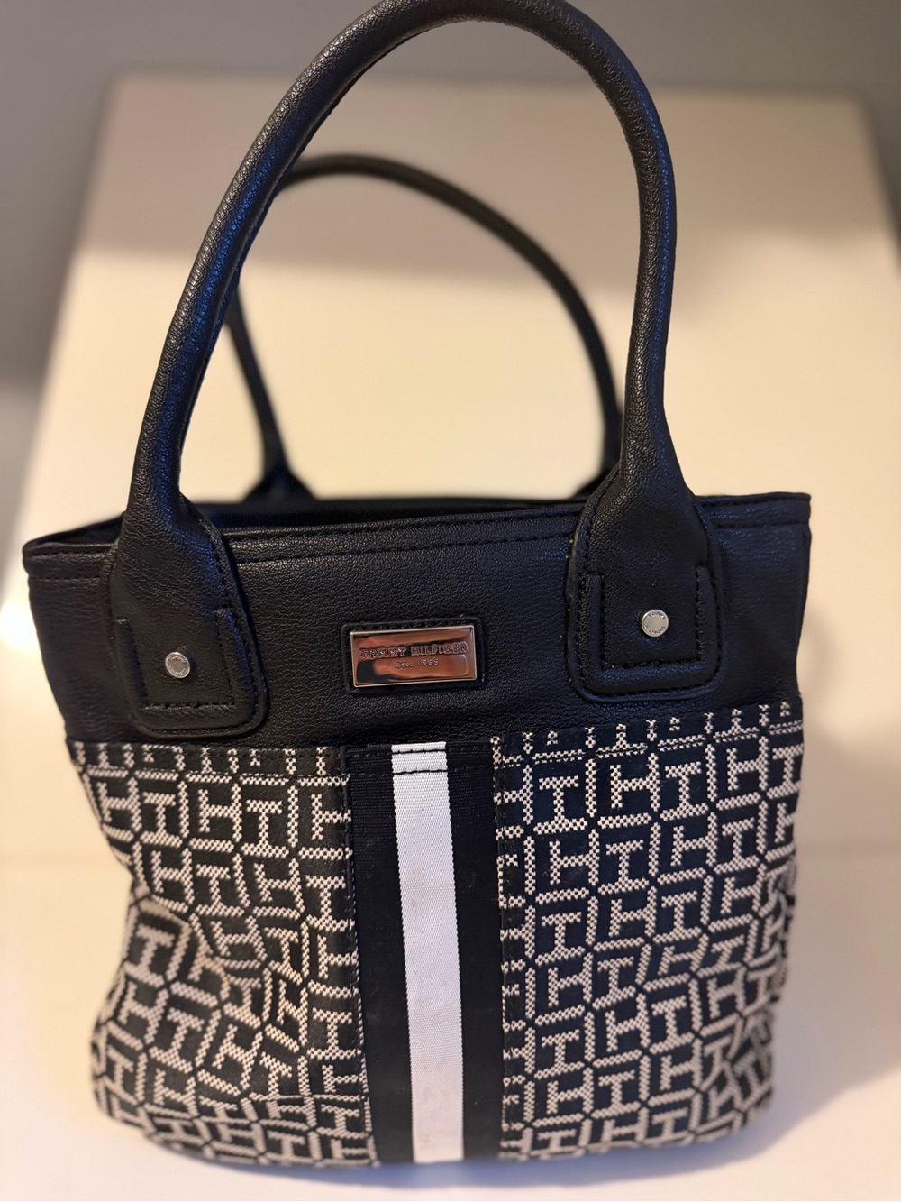 Tommy Hilfiger Mini Tote Handbag Black White TH Monogram Jacquard Stripe Y2K
